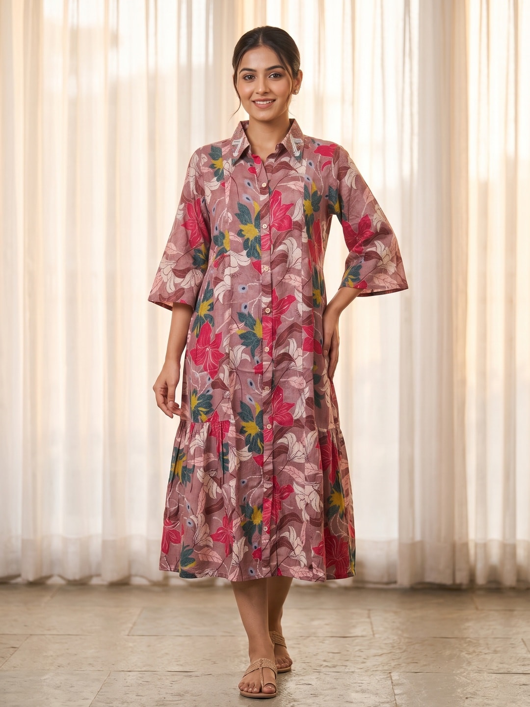 Peachmode Rani Pink Muslin Floral Print Collared Shirt Dress - Image 1
