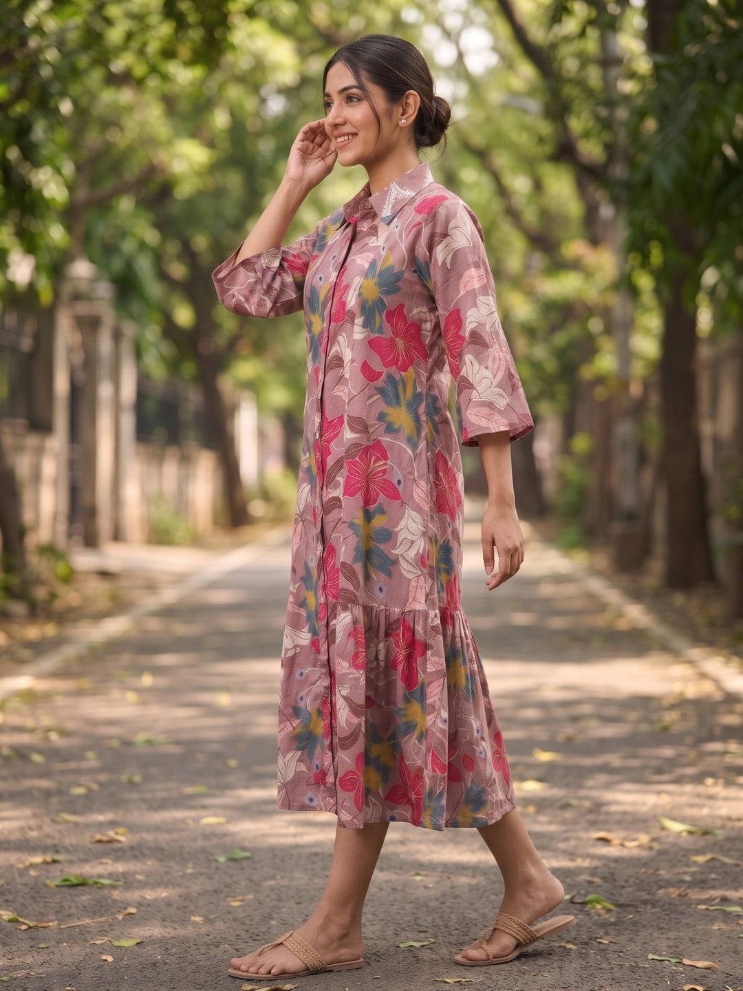 Peachmode Rani Pink Muslin Floral Print Collared Shirt Dress - Image 3