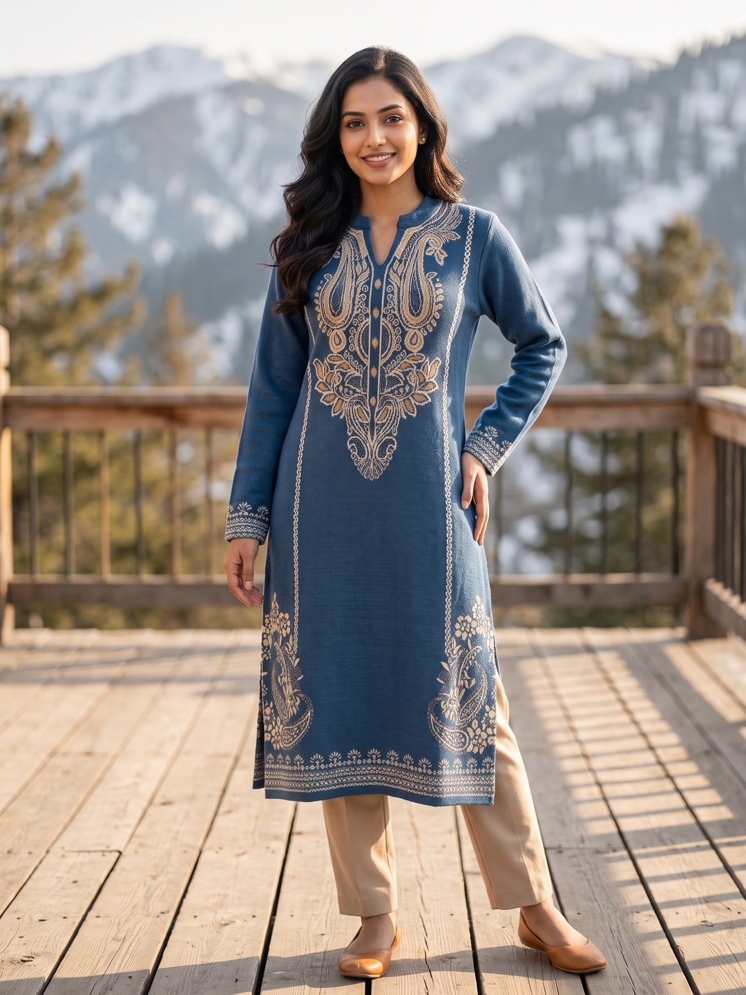 Peachmode Blue Paisley Jacquard Woolen Kurti - Image 1