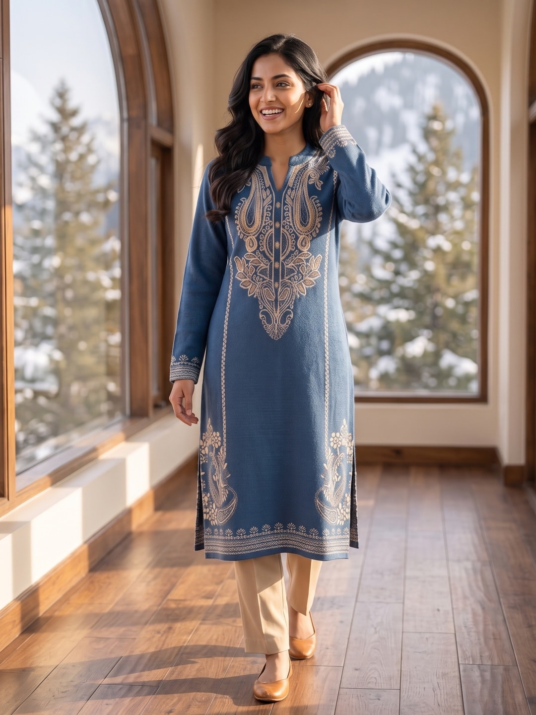 Peachmode Blue Paisley Jacquard Woolen Kurti - Image 2