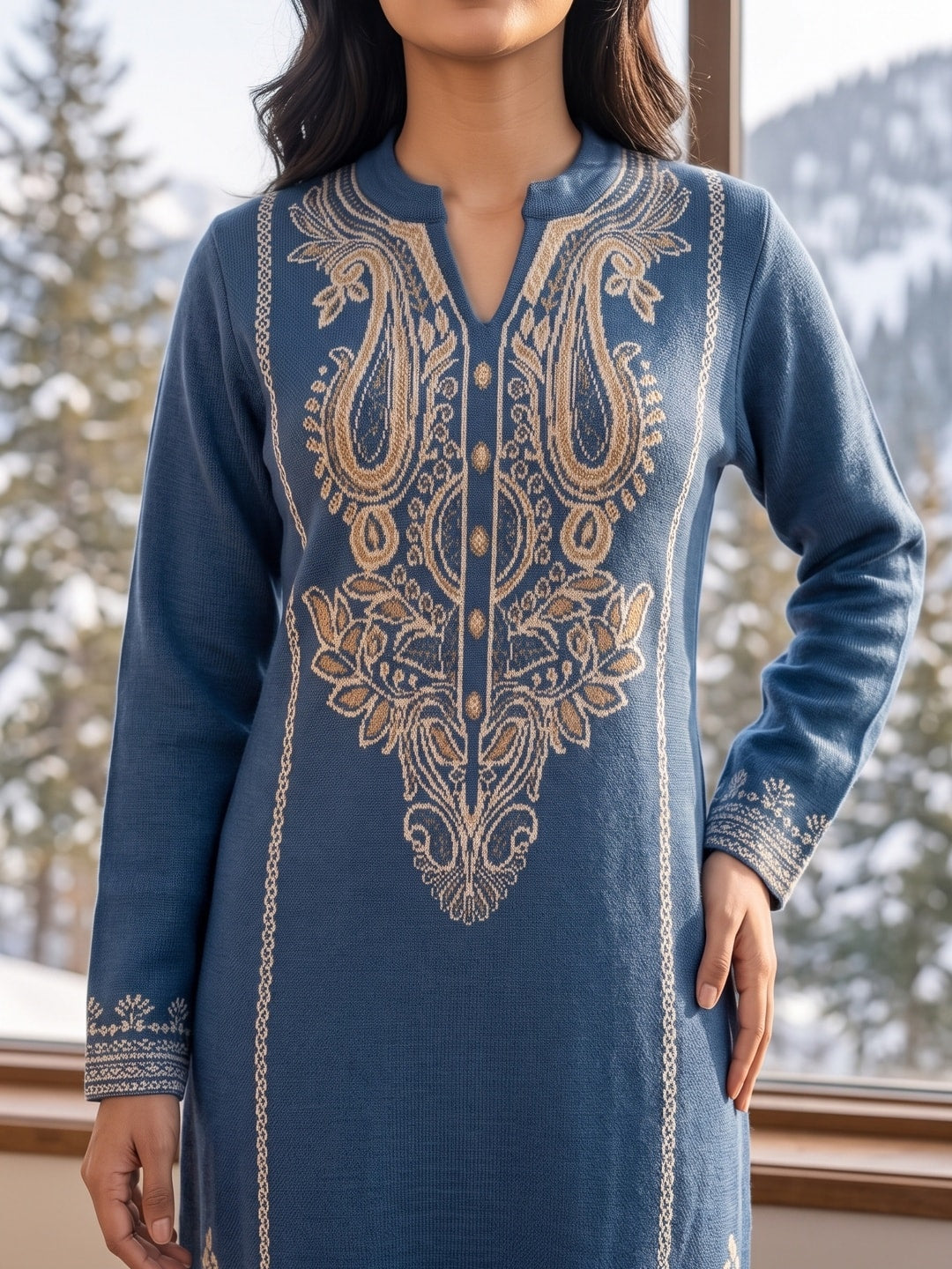 Peachmode Blue Paisley Jacquard Woolen Kurti - Image 4