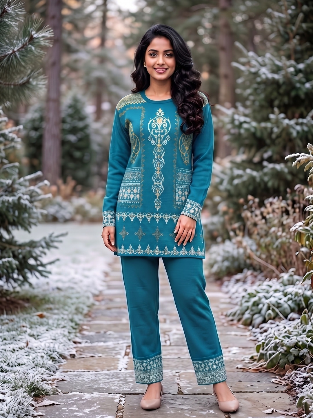 Peachmode Teal Jacquard Woolen Top and Pant Set - Image 1
