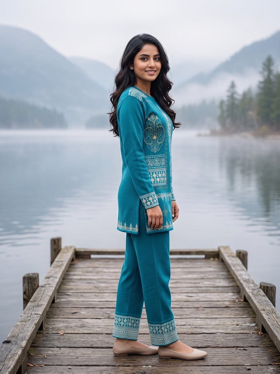 Peachmode Teal Jacquard Woolen Top and Pant Set - Image 3