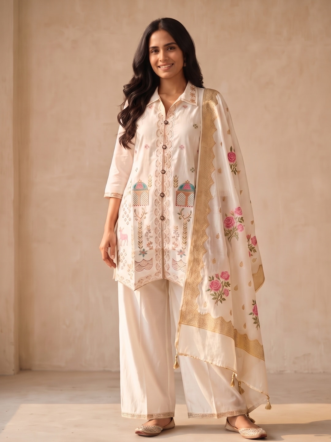Peachmode White Embroidered Shirt-Style Salwar Suit with Gold Tissue Dupatta - Image 1