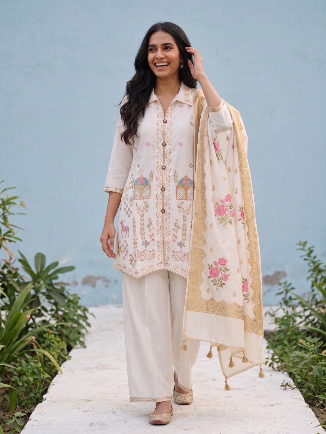 Peachmode White Embroidered Shirt-Style Salwar Suit with Gold Tissue Dupatta - Image 2