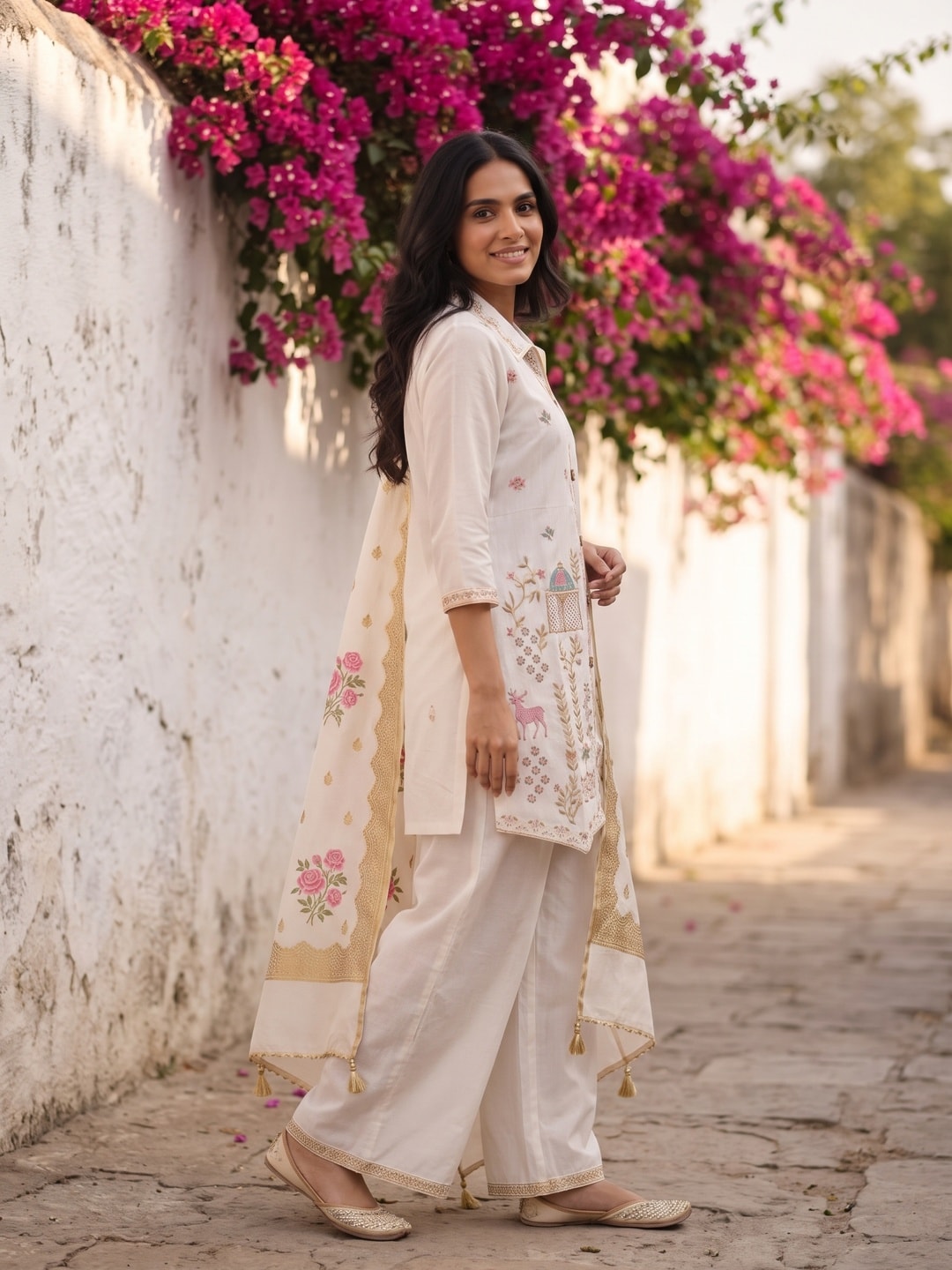 Peachmode White Embroidered Shirt-Style Salwar Suit with Gold Tissue Dupatta - Image 3