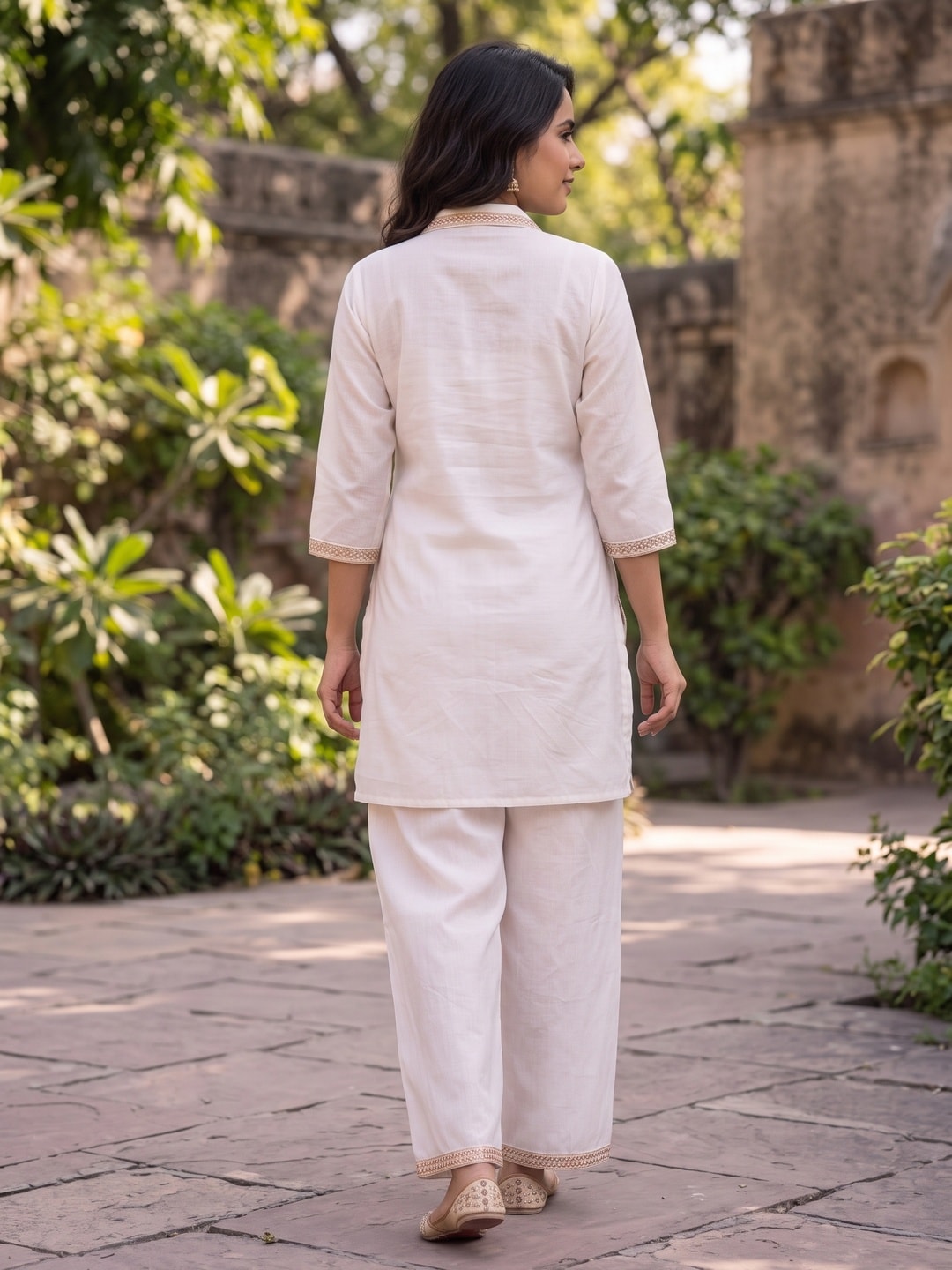 Peachmode White Embroidered Shirt-Style Salwar Suit with Gold Tissue Dupatta - Image 4