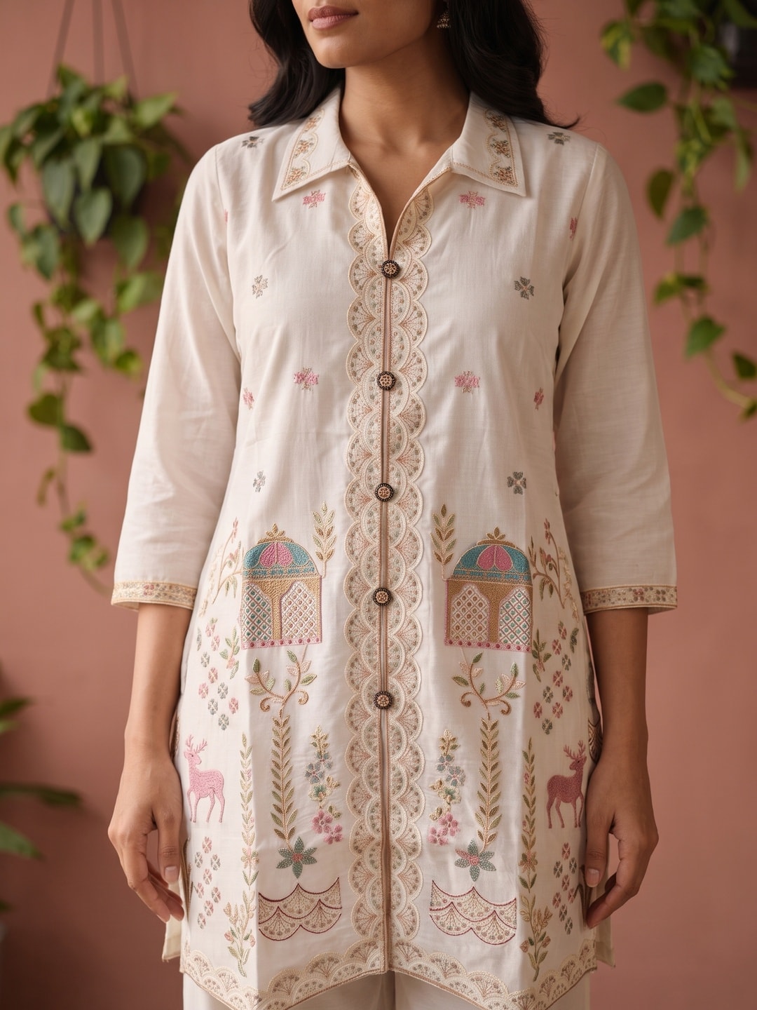 Peachmode White Embroidered Shirt-Style Salwar Suit with Gold Tissue Dupatta - Image 5