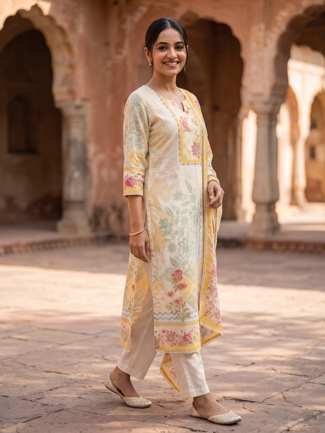 Peachmode Cream Muslin Digital Print Salwar Suit with Printed Dupatta - Image 3