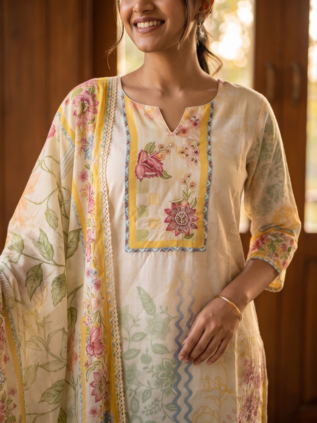 Peachmode Cream Muslin Digital Print Salwar Suit with Printed Dupatta - Image 5