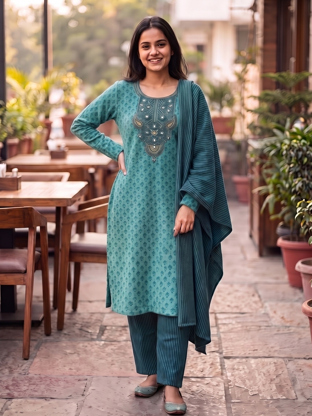 Peachmode Teal Woolen Salwar Suit with Embroidered Yoke and Shawl Dupatta - Image 1