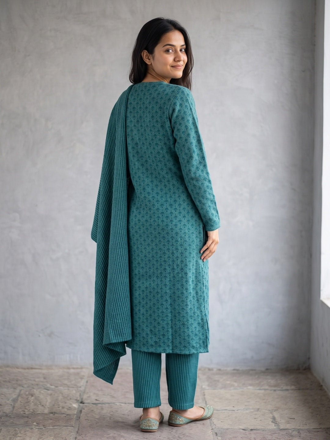 Peachmode Teal Woolen Salwar Suit with Embroidered Yoke and Shawl Dupatta - Image 4