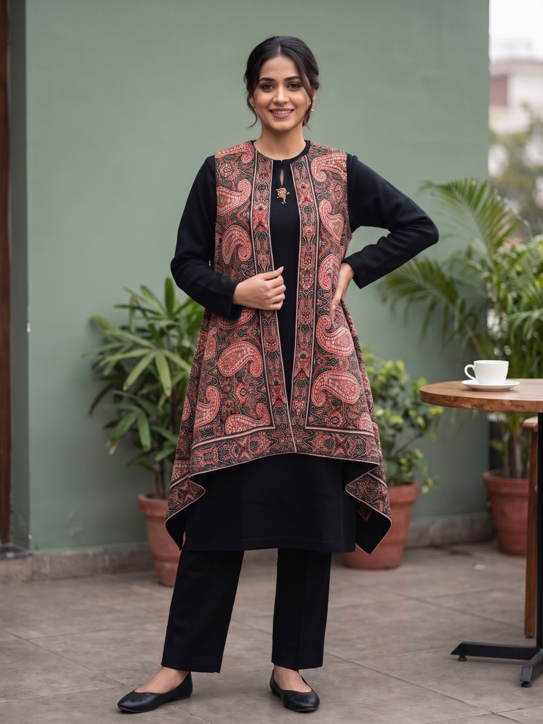 Peachmode Black Woolen Kurta and Pants Set with Kani Paisley Open Jacket - Image 1