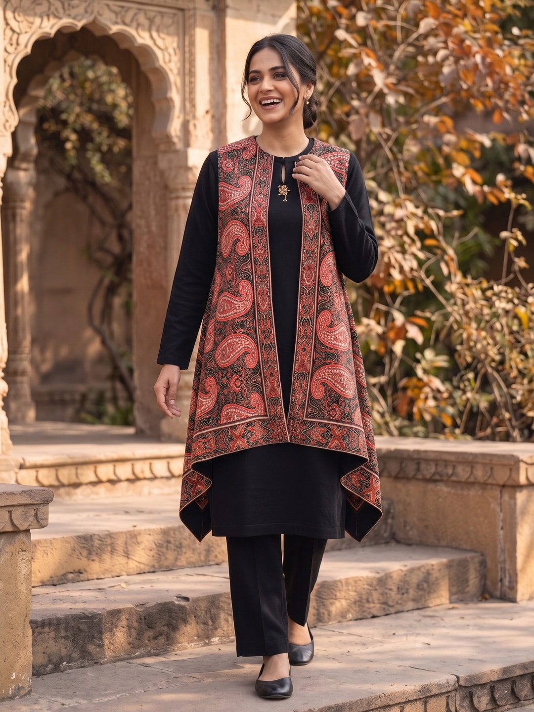 Peachmode Black Woolen Kurta and Pants Set with Kani Paisley Open Jacket - Image 2