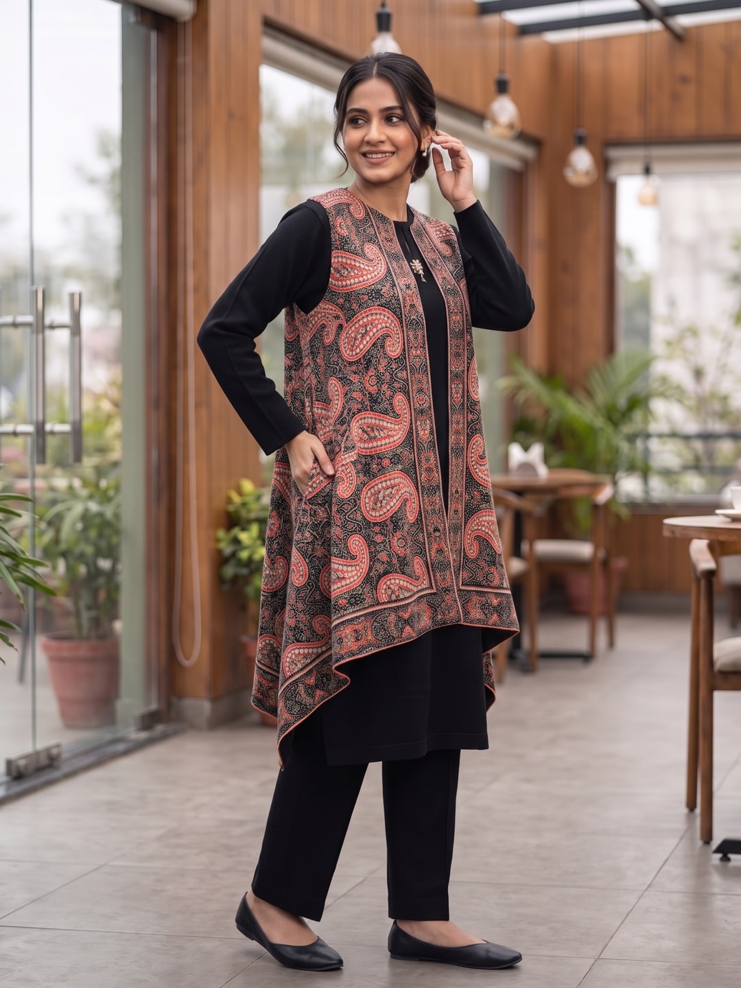 Peachmode Black Woolen Kurta and Pants Set with Kani Paisley Open Jacket - Image 3