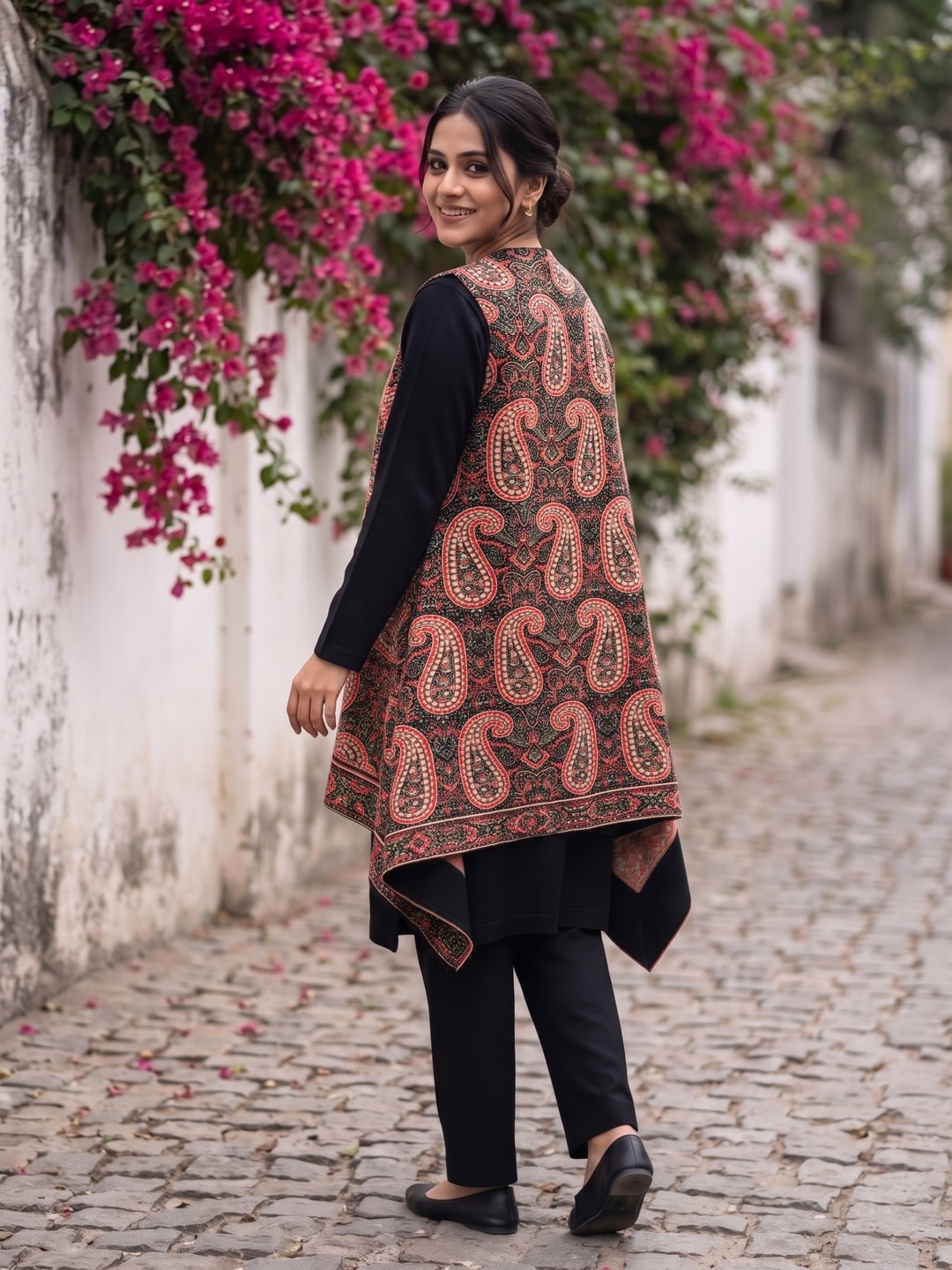 Peachmode Black Woolen Kurta and Pants Set with Kani Paisley Open Jacket - Image 4