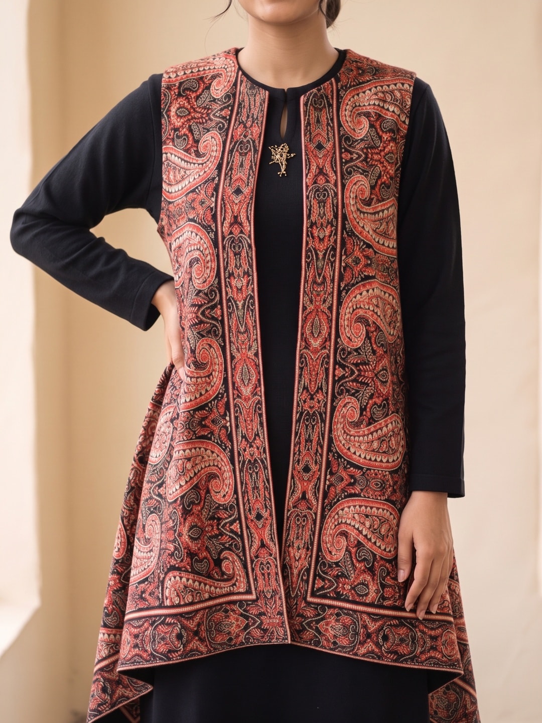 Peachmode Black Woolen Kurta and Pants Set with Kani Paisley Open Jacket - Image 5