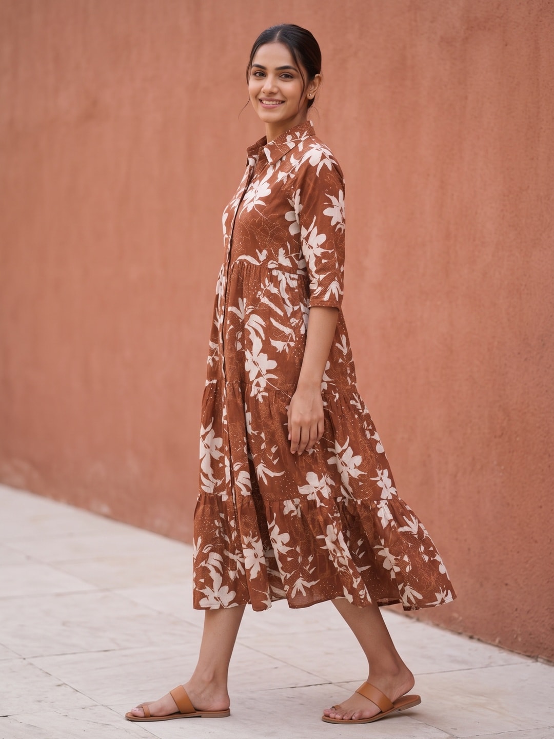 Peachmode Brown Floral Print Tiered Muslin Shirt Dress - Image 3