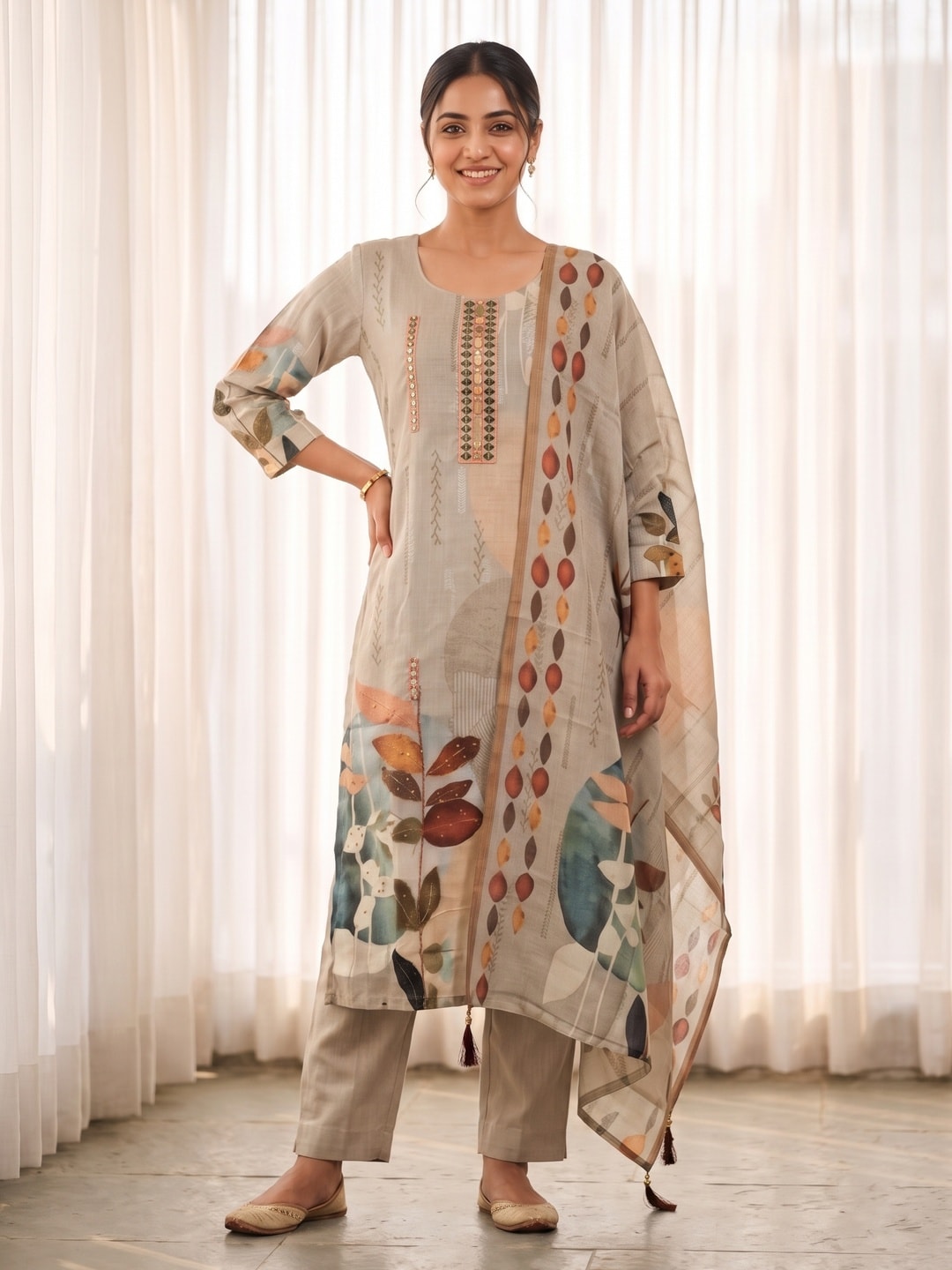 Peachmode Grey Abstract Leaf Print Cotton Linen Salwar Suit with Dupatta - Image 1