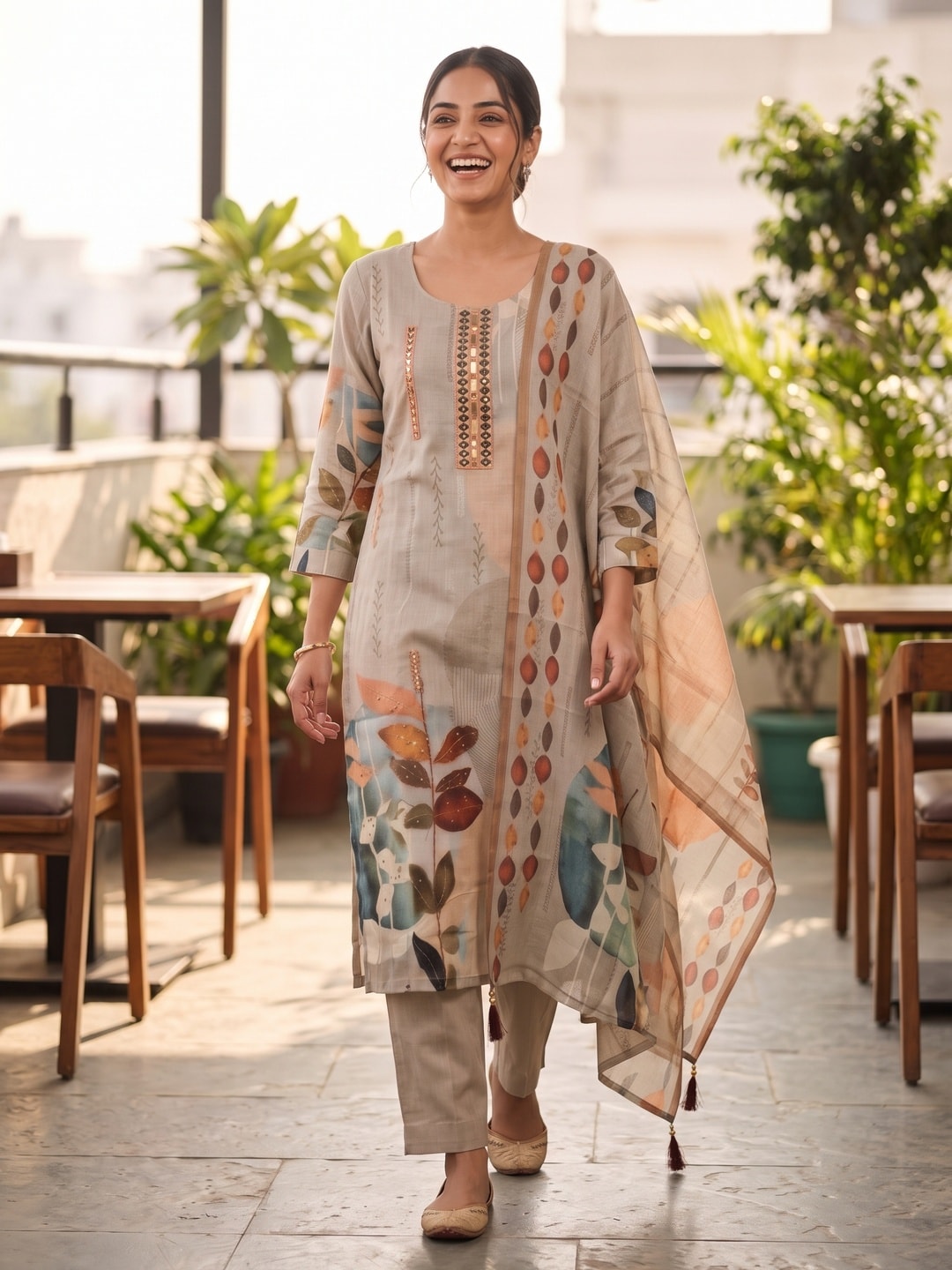 Peachmode Grey Abstract Leaf Print Cotton Linen Salwar Suit with Dupatta - Image 2