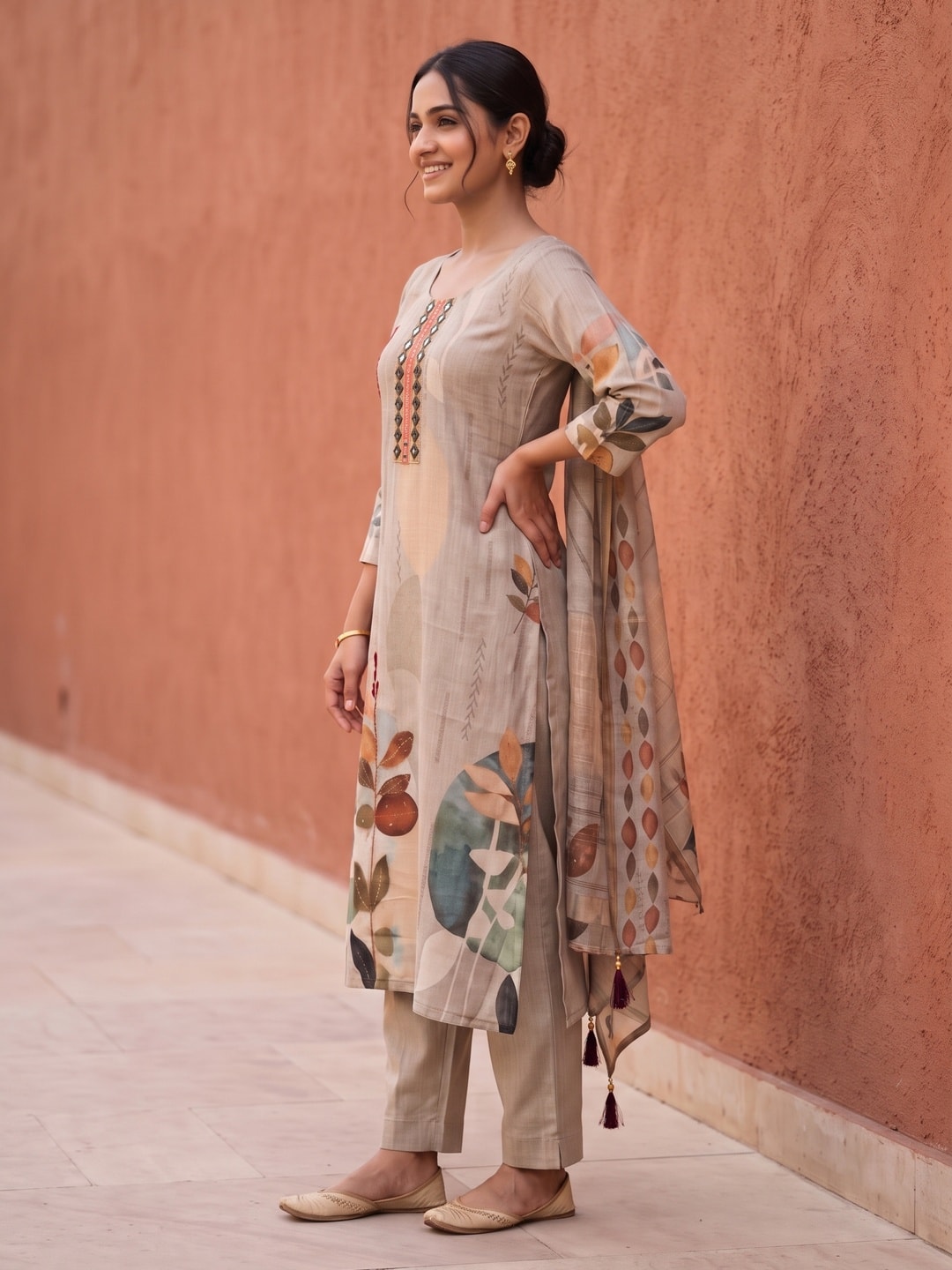 Peachmode Grey Abstract Leaf Print Cotton Linen Salwar Suit with Dupatta - Image 3