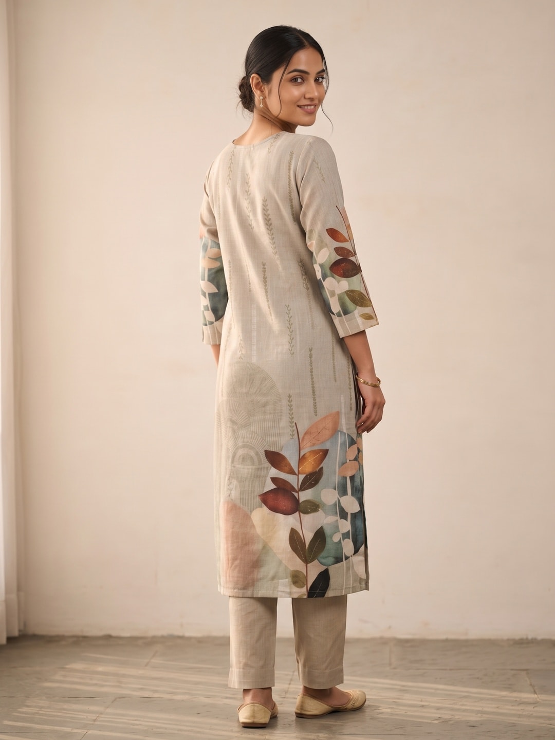 Peachmode Grey Abstract Leaf Print Cotton Linen Salwar Suit with Dupatta - Image 4