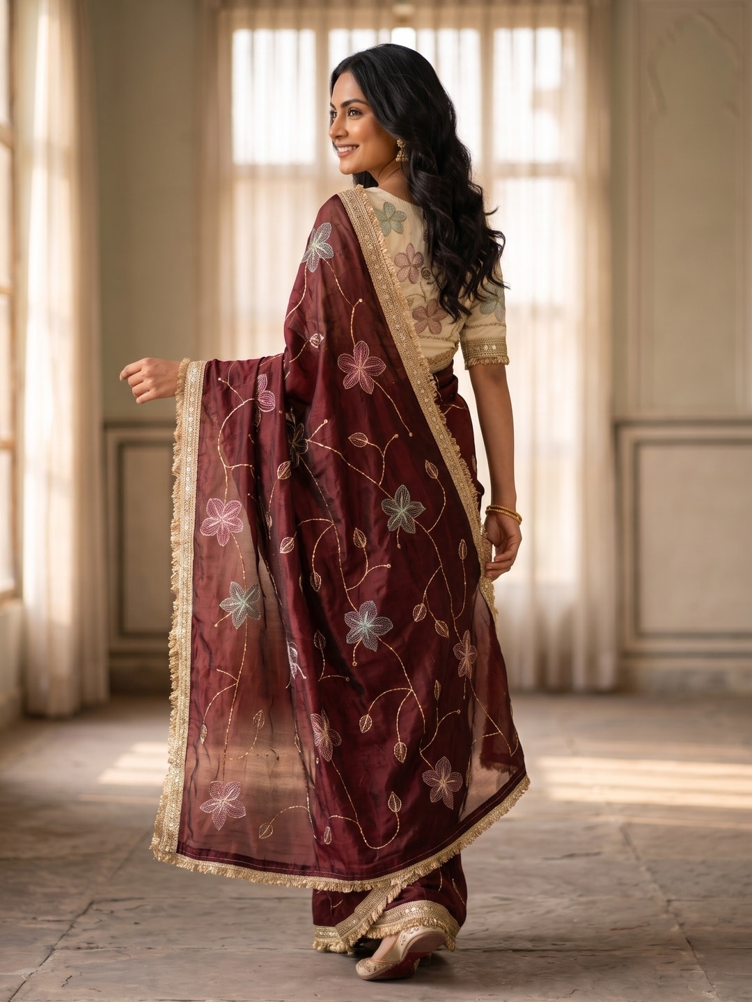Peachmode Maroon Satin Saree With Rainbow Floral Sequin Work And Lace Border - Image 2