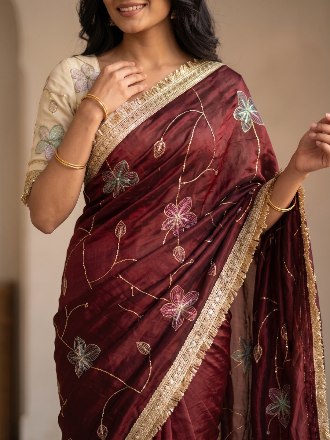 Peachmode Maroon Satin Saree With Rainbow Floral Sequin Work And Lace Border - Image 5