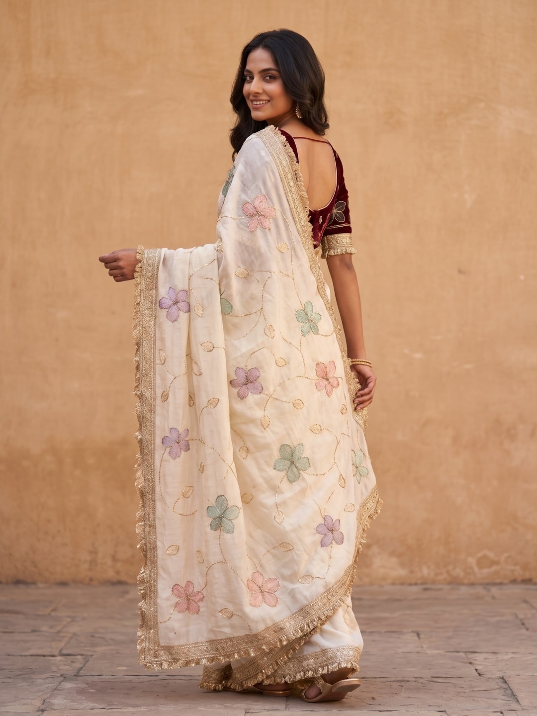 Peachmode Cream Satin Saree With Rainbow Floral Sequin Work And Lace Border - Image 2