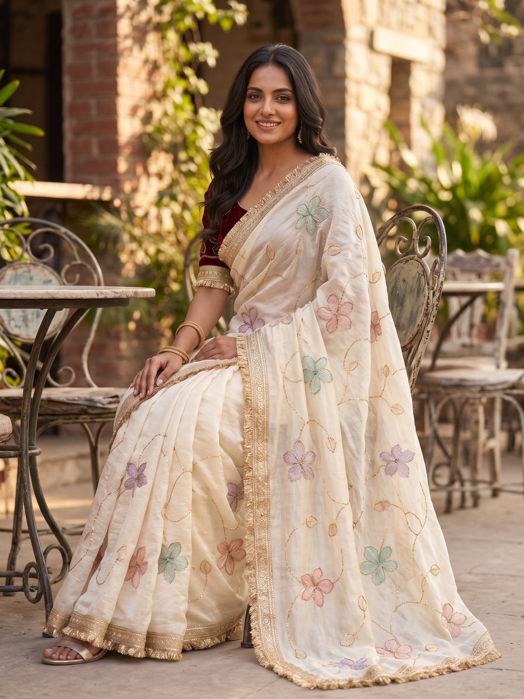 Peachmode Cream Satin Saree With Rainbow Floral Sequin Work And Lace Border - Image 4