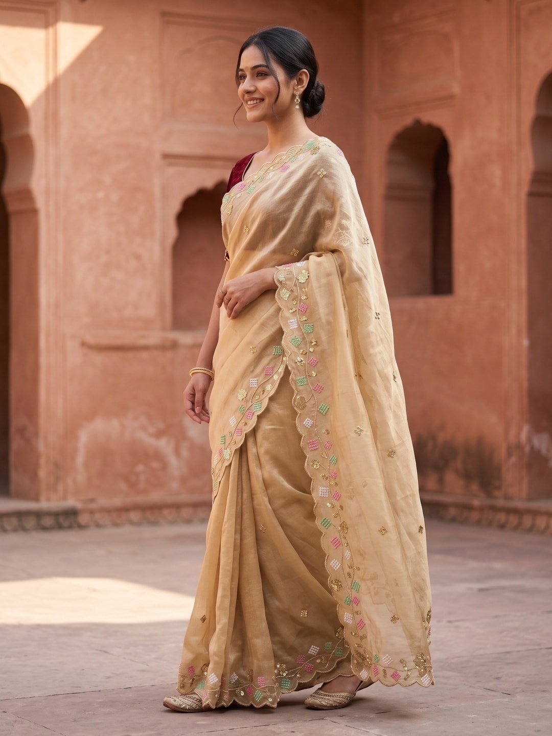 Peachmode Gold Satin Saree With Multi Thread Floral Embroidery And Scalloped Cut Border - Image 3