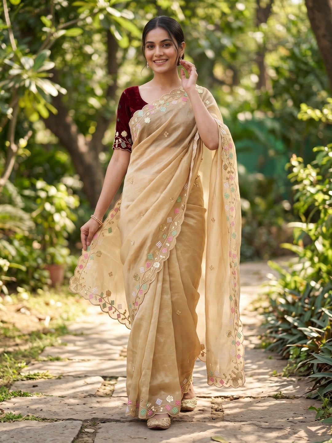 Peachmode Gold Satin Saree With Multi Thread Floral Embroidery And Scalloped Cut Border - Image 4