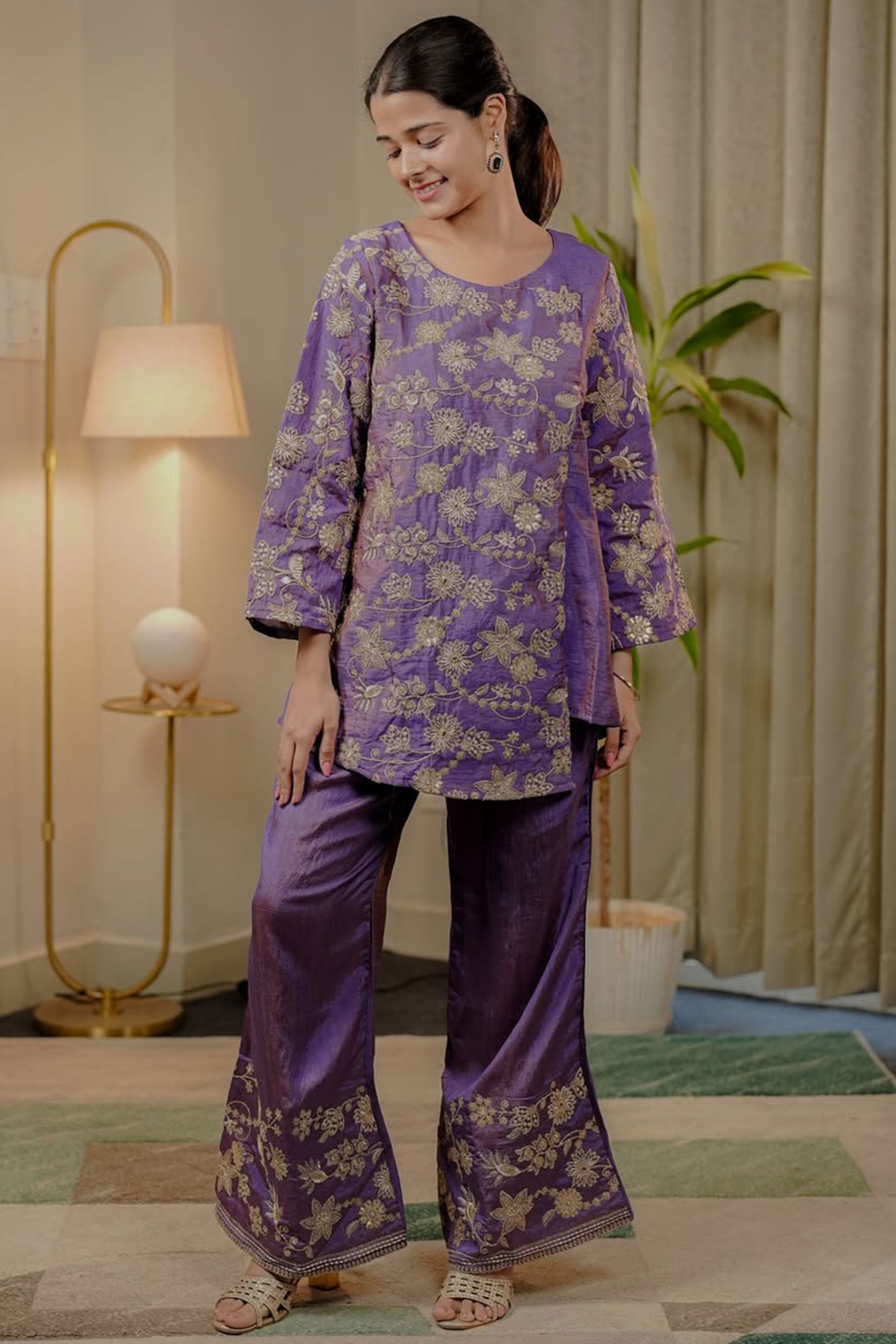 Purple Mirai Viscose Top Bottom Set Adorned with Beautiful Golden Thread Floral Embroidery