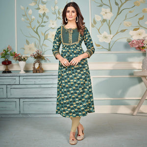 Green Floral Printed Rayon Kurti