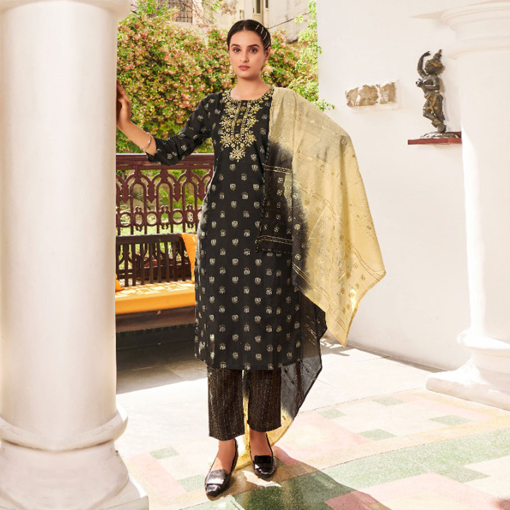 Grey Block Butti Print Cotton Salwar Suit Set Material