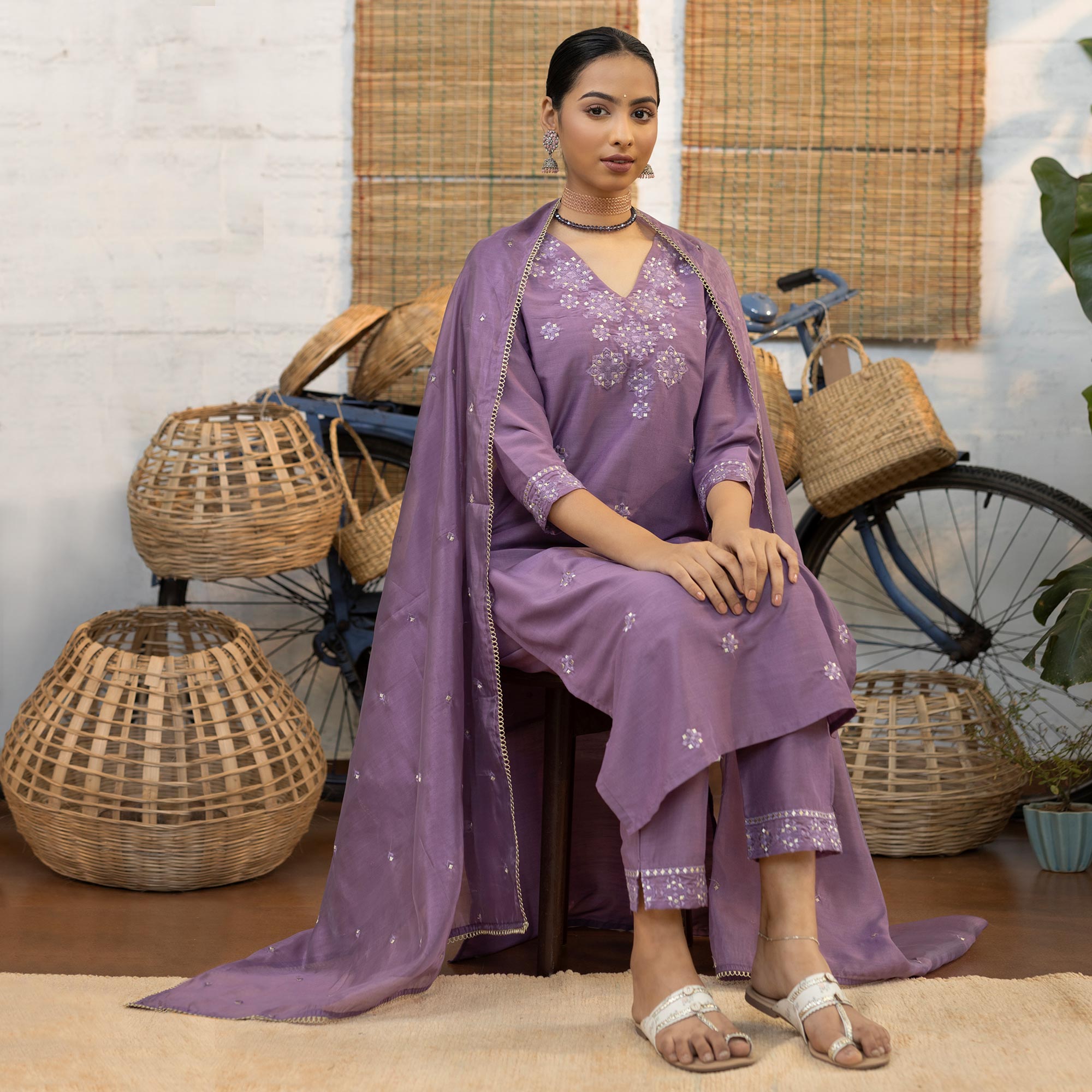 Purple Floral Embroidered Chanderi Salwar Suit