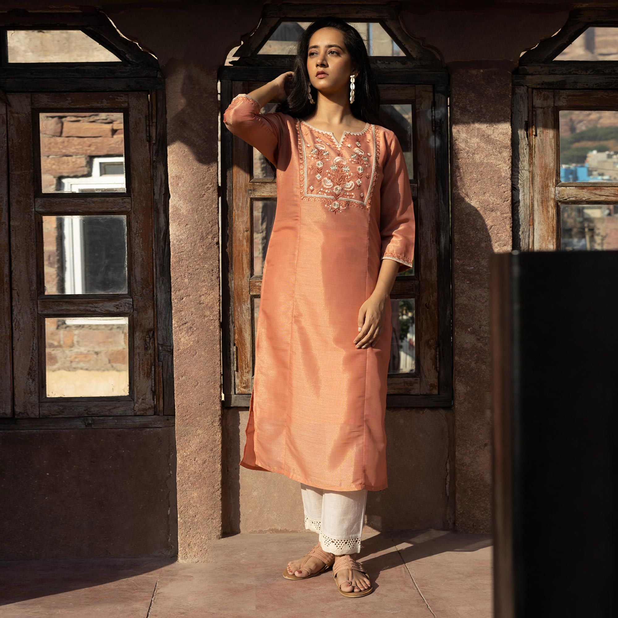 Peach Embroidered Cotton Silk Kurti