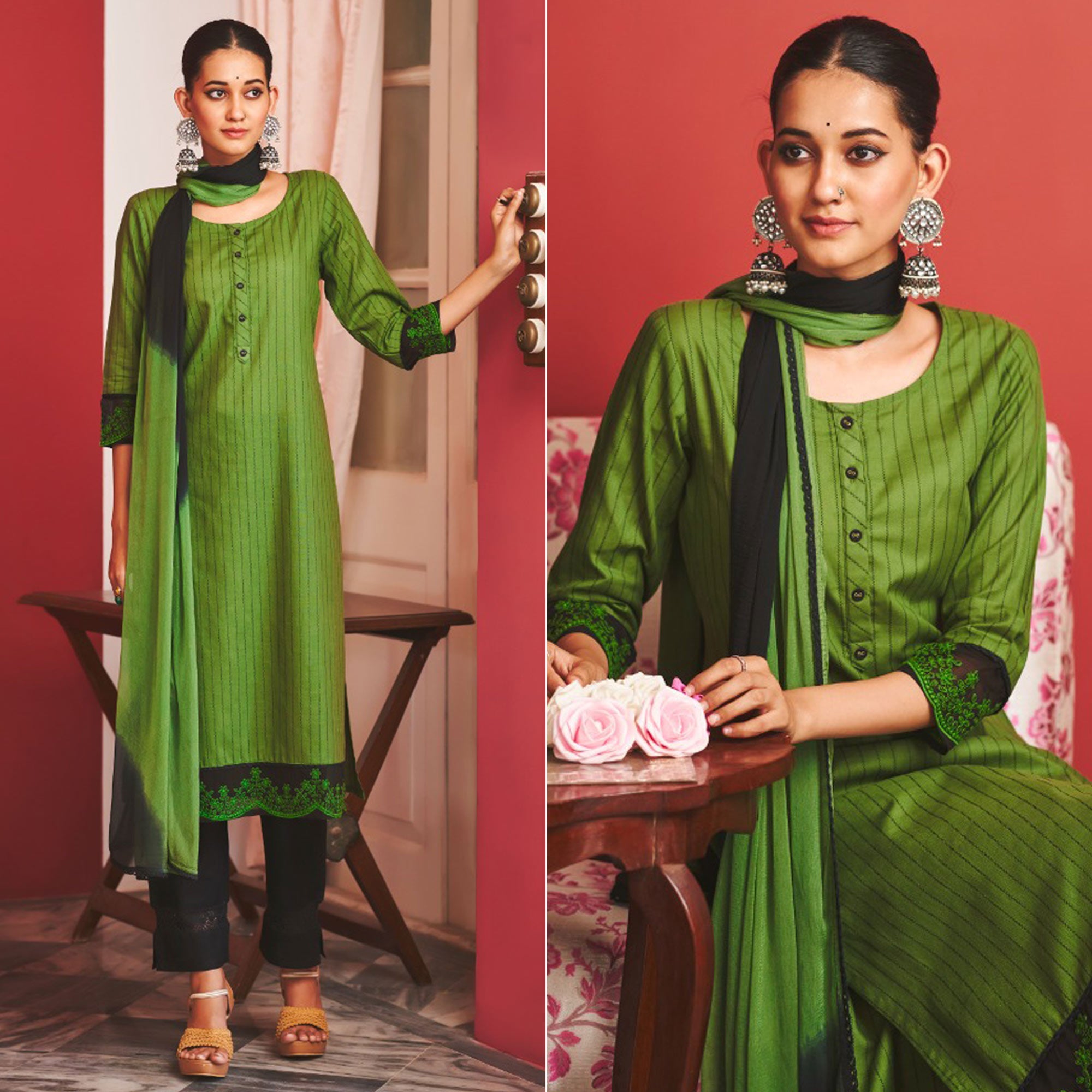 Green Striped Printed Pure Cotton Salwar Suit
