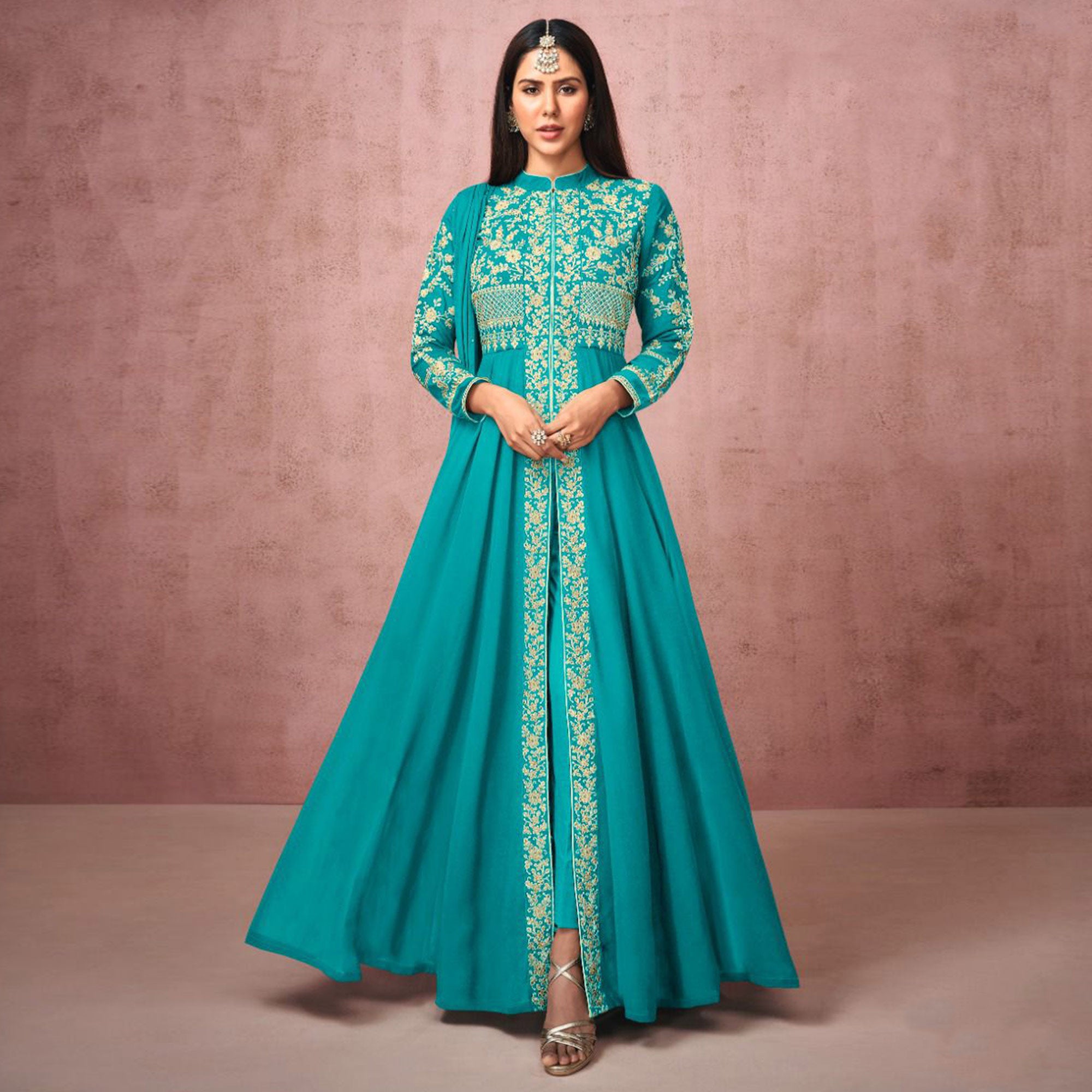 Turquoise Embroidered Georgette Front Slit Suit