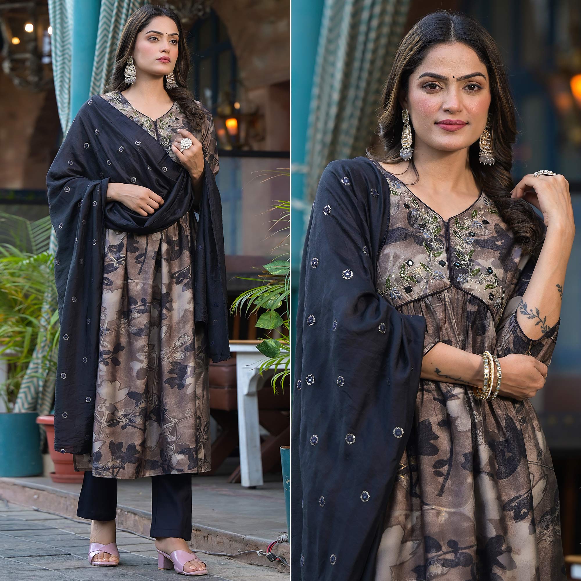 Chikoo & Black Floral Printed Alia Cut Chanderi Silk Salwar Suit