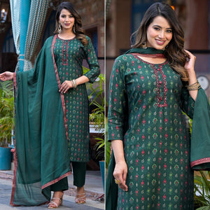 Bottle Green Floral Kantha Work Embroidered Chanderi Silk Salwar Suit