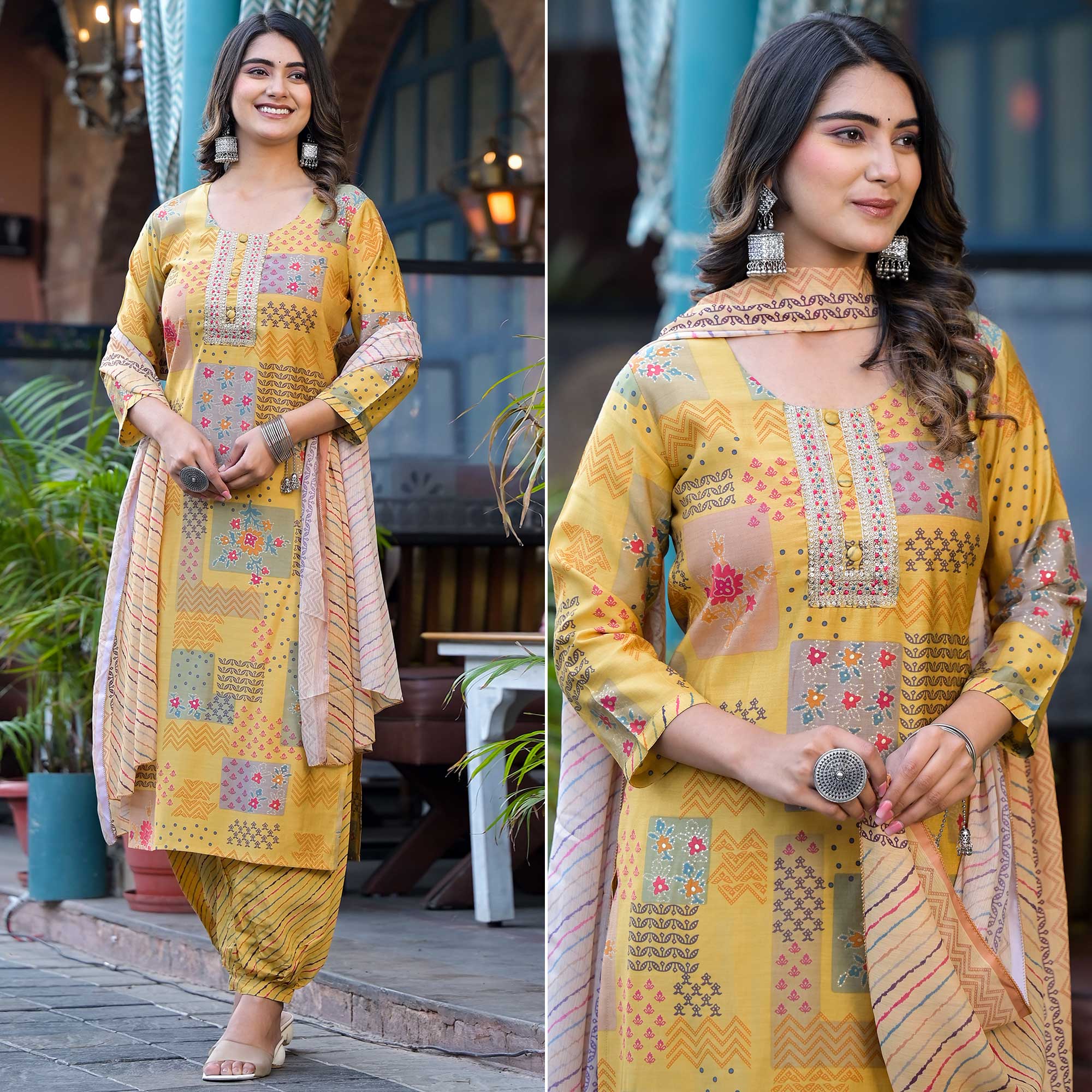 Yellow Digital Printed Chanderi Silk Salwar Suit