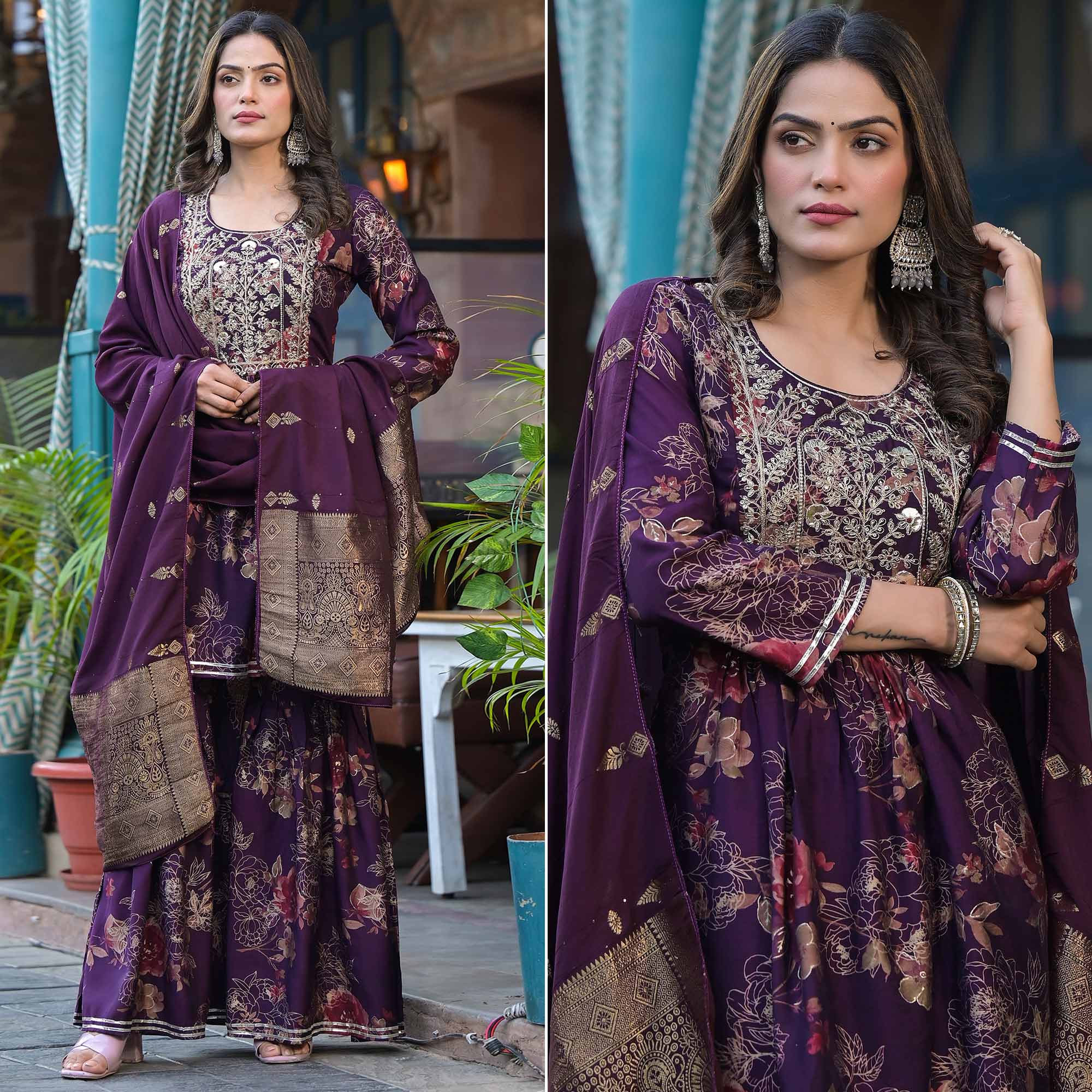 Wine Floral Embroidered Chanderi Silk Sharara Suit