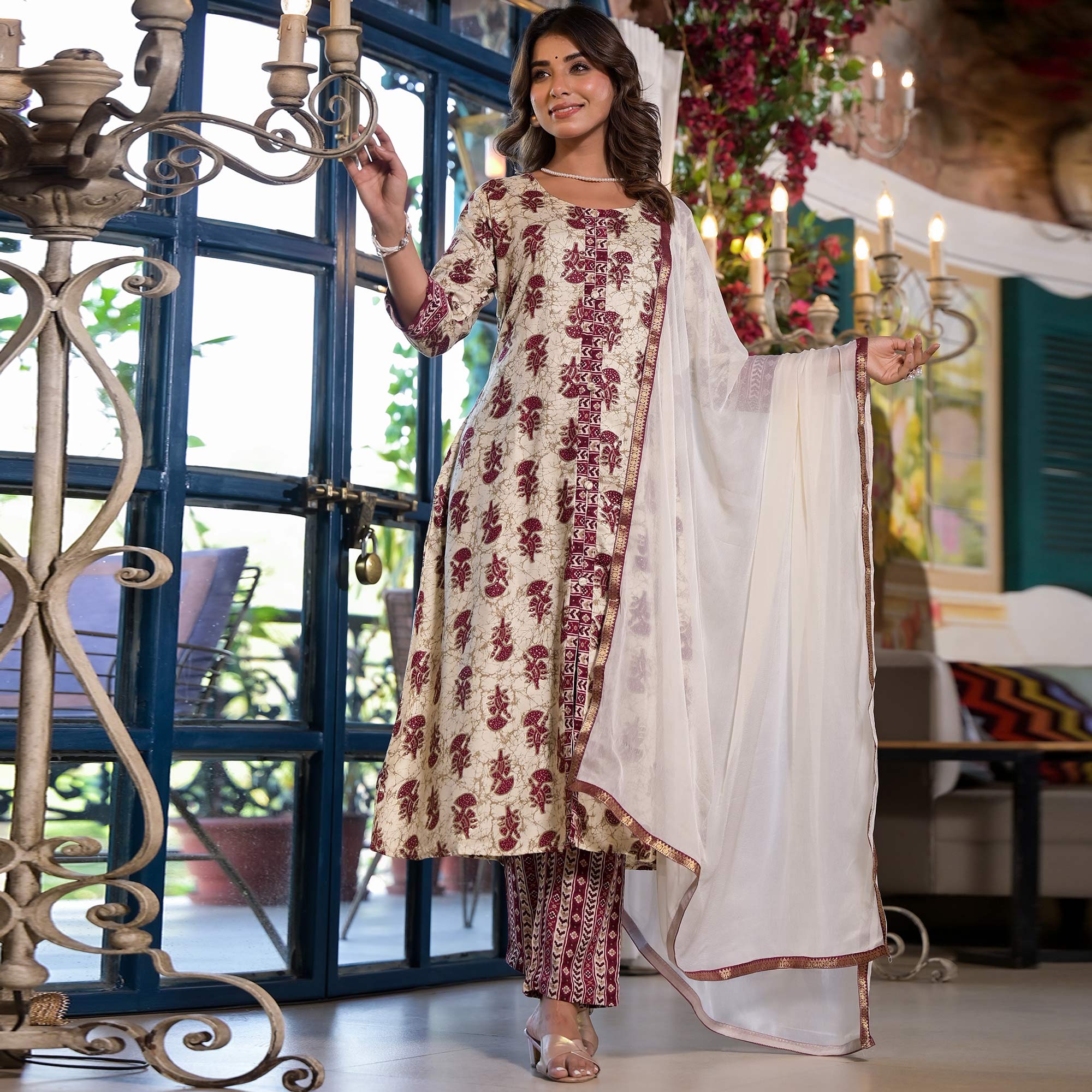 Chikoo & Maroon Floral Foil Printed Rayon A-Line Salwar Suit