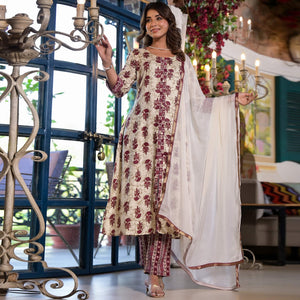 Chikoo & Maroon Floral Foil Printed Rayon A-Line Salwar Suit