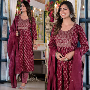 Maroon Floral Naira Cut Rayon Salwar Suit With Mirror Work