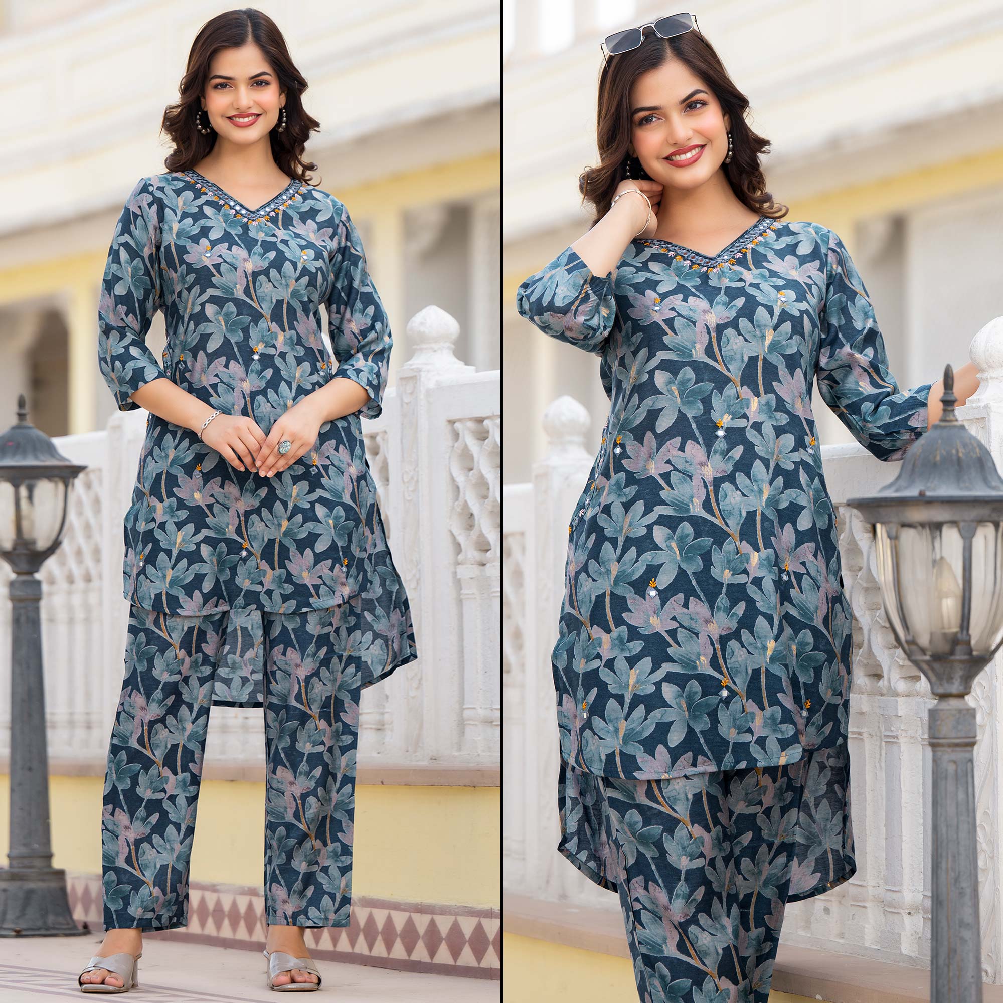 Teal Blue Floral Printed Chanderi Silk Co-Ord Set