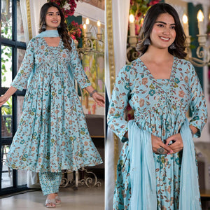 Turquoise Floral Alia Cut Chanderi Silk Salwar Suit With Zardosi Work