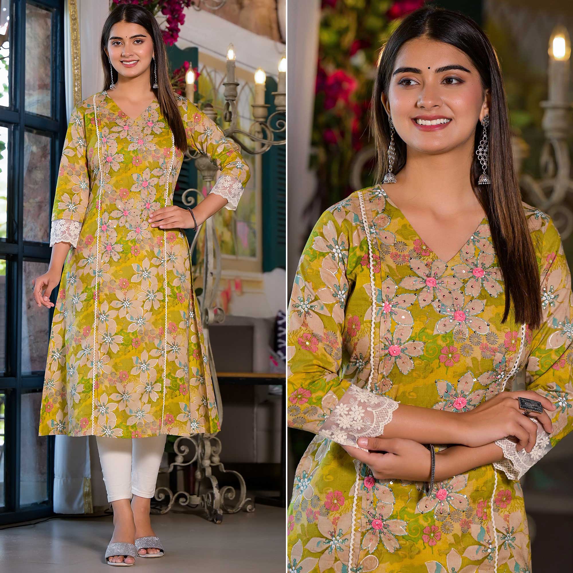 Dark Lemon Green Floral Printed Giza Cotton Maxi Dress
