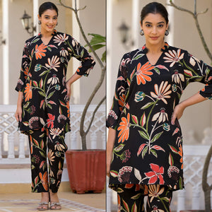Black Floral Printed Muslin Co Ord Set